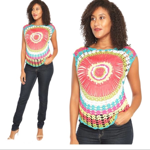 Boho Round Neck Crochet Hollow Top With Cap Sleeves & Scoop Neck Pink Size Small - Picture 1 of 7